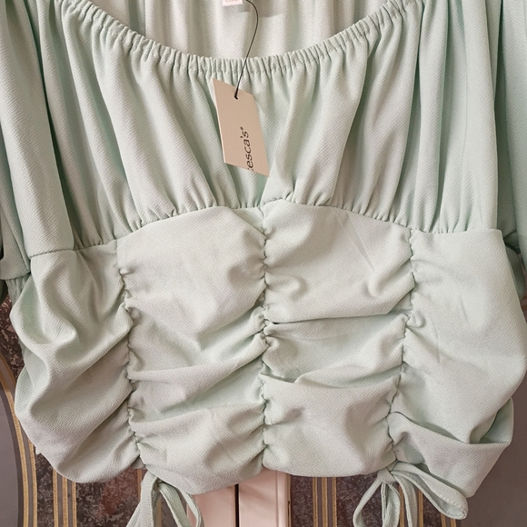 Francesca's Collections Love & Piece Light Green Ruched Blouse - Picture 3 of 6